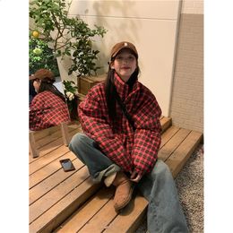 Women's Down Parkas MEXZT Winter Short Plaid Parka Vintage Oversized Coats Streetwear Cropped Puffer Jacket Korean Cotton Padded Outwear 231109