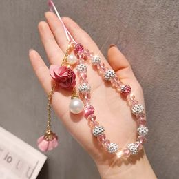 Phone Straps Fashion Bead Chain Phone Lace Short Rope Key USB Crystal Bracelet Phone Case Flower Pendant Loss Prevention Wristband 231109