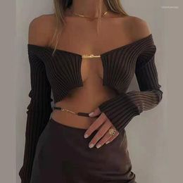 Women's T Shirts Summer Sexy V-neck Long Sleeves Top Fashion Metal Letters Off-Shoulder Knitted Cardigan Crop Tops Y2k Solid Slim Short