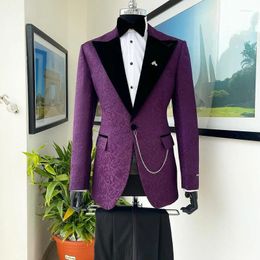 Men's Suits Floral Jacquard For Men Slim Fit 2 Piece Velvet Peaked Lapel Wedding Tuxedo Custom Made Prom Party Suit