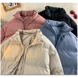 Men's Down Parkas Double Sided Winter Jacket Letter Printed Zipper Stand Collar Coat Street Trend Allmatch Loose Couple Cotton Padded Parka 231108