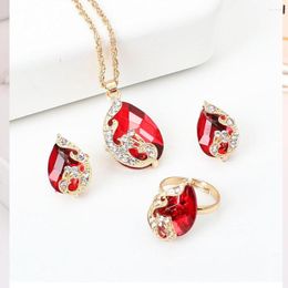 Necklace Earrings Set Colours Crystal Pendant Water Drop Peacock Ring Elegant Jewellery Women Valentine Wedding Party Sets