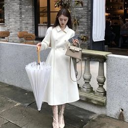 Women's Fur Faux Fur Winter Women Elegant White Slim Woollen Coats Female Double Breasted A-line Korean Thick Warm Long Coats Office Lady Coats 231108