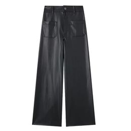 Women's Pants Capris Autumn/Winter Women's Casual Wide Leg Pants Navy Style Faux Leather High Waist Straight Leg Pants 231108