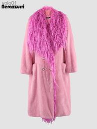 Women's Fur Faux Fur Nerazzurri Autumn Winter Long Thick Warm Pink Faux Fur Coat Women Double Breasted Loose Elegant Chic Luxury Furry Overcoat 2023L231109