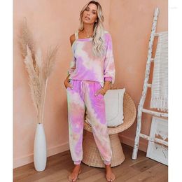 Women's Two Piece Pants Off Shoulder Print Tie Dye Set Women Long Sleeved T Shirt Drawstring Pencil Ladies Sets Fashions 2023 Autumn