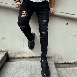 Men Casual jeans Denim Pants Slim Knees Holes Ripped Fashionable Good Qulaity Free Shipping