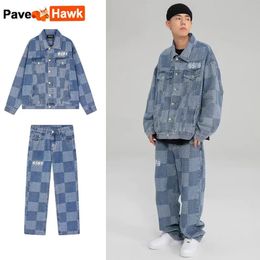 Men s Tracksuits Autumn Denim Set Men Women Plaid Patchwork Lapel Jacket Wide Leg Straight Jeans Mens Casual Loose Two Piece Suit Unisex 231109