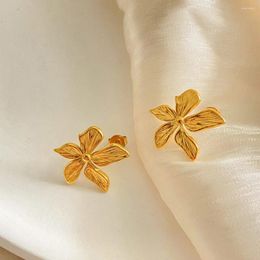 Stud Earrings 18K Gold Plated 316L Stainless Steel Flower Simple Metal Embossed Petal Post Girls Party Gift