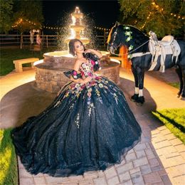 Bling Shine Black Quinceanera Dresses Charro With Coloful Florals Luxury Mexican Halloween Sequin Sweet 16 Dress Elegant Horse Vestido De 15 Anos vestidos de novia