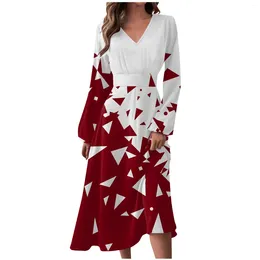 Casual Dresses Women's Autumn And Winter Fashion V-neck Long Sleeve Geometry Print Dress Elegant Xmas Party Prom Vestidos