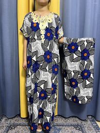 Ethnic Clothing Abayas For Women 2023 Summer Fashion Appliques Printed Flower Cotton Loose Femme Robe African NIgeria Woman Dresses With