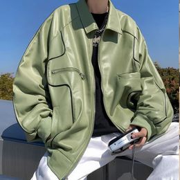 Men's Leather Faux Green Jackets Men Autumn Mens Hip Hop Motorcycle PU Jacket Male Oversized Streetwear Korean Fashion Coats 231108