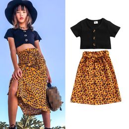 Clothing Sets Kids Baby Girls Clothes Set Summer Short Sleeve Single-breasted Cropped Tee Tops Leopard Skirts Bohemian Outfits