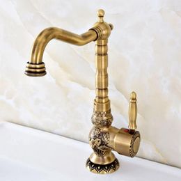 Kitchen Faucets Antique Bronze Carved Flower Pattern Single Handle One Hole Bathroom Basin Sink Swivel Spout Faucet Mixer Tap Asf128