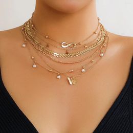 Chains 2023 Trend Boho Gold Colour Pearl Necklaces For Women Girls Geometric Multi-layer Pendant Chain Necklace Jewellery Gift