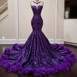 2023 Exquisite Purple Feathers Mermaid Prom Dress For Black Girl Sequin Birthday Women Party Dresses Robes Evening Gowns 322