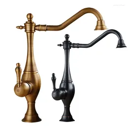 Kitchen Faucets Nordic Vintage Matte Black / Brown Full Copper Swivel Faucet With Big Sprayer Side Lever And Cold Water Type