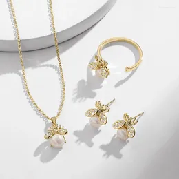 Necklace Earrings Set Lovely Gold Colour Bee Animal Jewellery Pearls Pendants Stud Open Ring For Women Cute Christmas Accessories