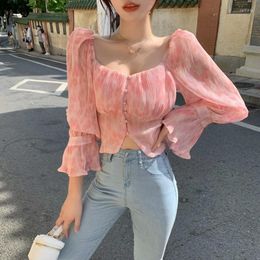 Women's Blouses Women Shirt Casual Crop Tops Flared Long Sleeve Off-Shoulder Slim-Fit Printed