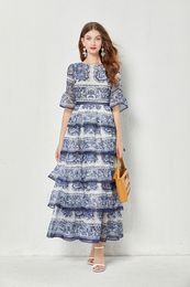 2023 Casual Dresses New Spring Summer Holiday Maxi Dress Runway Women O Neck Chiffon Blue And White Porcelain Print Layers Ruffles Long Vestido