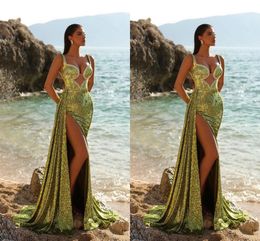 Sexy Green Plus Size Mermaid Prom Dresses Long for Women Spaghetti Straps Sweep Train High Side Split Formal Occasions Pageant Dress Evening Party Birthday Gowns