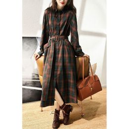 Casual Dresses Women Dress Spring Korean Style Striped Plaid Shirt Clothing Long Sleeve Belt Thin OL Work Robe E115Casual