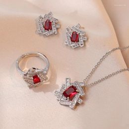 Necklace Earrings Set Bridal Rectangle Red Stone Geometric Ring Stud Pendants Silver Color Wedding Zircon Necklaces For Women CZ