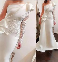 Prom Gown Party White Evening Dresses Formal Applique Beaded Custom Plus Size Lace Up Zipper Ivory New Mermaid Satin One-Shoulder Lace Long Sleeve