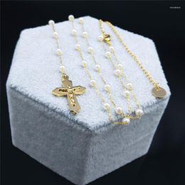 Chains Cross Jesus Rosary Catholic Necklace Gold Colour Stainless Steel Imitation Pearls Long Chain Necklaces Jewellery Collares YB40S5