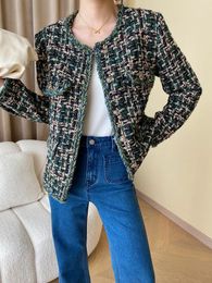 Women's Jackets High Quality Luxury Old Money Style French Dark Night Green Early Autumn Craft Woven Tweed Small Scented Coat With Wool