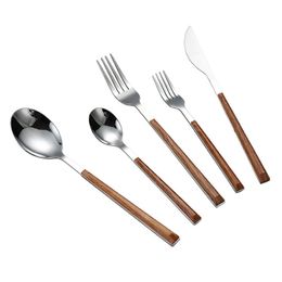 5 Pcs/Set Wood Grain Stainless Steel Dinnerware Set Tableware Knife Fork Spoon Teaspoon Cutlery Set Tableware Flatware HY0469