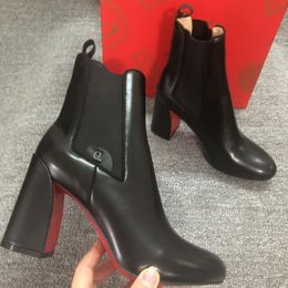 Designer Women High Heels Boots Red heel Bottoms Genuine Leather Round Toe Ladies Dress Shoes Elegant Sexy Winter Female Chelsea Boots with Dust Bag 35-42