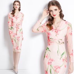 Women Party Floral Print Pink Dress Ballgown Fashion Designer Long Sleeve V-Neck Slim Bow Belted Wrap Hip Holiday Dresses 2023 Spring Fall Runway Elegant Midi Frocks