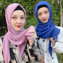 Ethnic Clothing Malaysian Pendant Pearl Flower Hijabs Bawal Tudung Plain High Quality Shawl Shawls Premium Heavy Chiffon Hijab Square Scarf