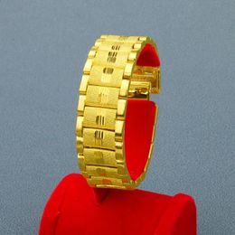 Bangle Luxury Pure 24K Gold Colour Men's Bracelet Wide Version Personalised Gold Plated Watch Chain Bangle Bracelet Jewellery 231109