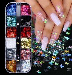 12 in 1 Set 3D Butterfly Slice Nail Sequins Flakes Holographic Iridescent Glitter Nail Art Decoration Colorful Manicure CH15587031030