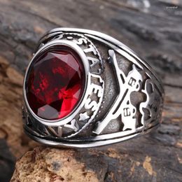 Cluster Rings Male Vintage Jewellery Stainless Steel Double Gun Pattern Men Ring Inlay Red Zircon Wedding Band Anniversary Birthday JZ0010