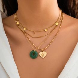 Pendant Necklaces IngeSight.Z Multilayer Bohemia Green Stone Necklace For Women Punk Gold Colour Carved Heart Disc Box Chain Neck