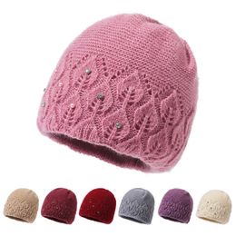 Fashion Solid Colour Knitted Hat Beanie Cap Rhinestone Decor Warm Bonnets Soft Winter Elegant Casual High Quality Women Hat