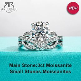 Cluster Rings AnuJewel 3ct Moissanite Engagement Ring 925 Sterling Silver Gold Plated D Colour Lab Created Diamond Crown Wedding For Women