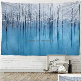 Tapestries Snowy Woods Landscape Print Tapestry Lake Forest Wall Art Decoration R230705 Drop Delivery Home Garden Dhv1J