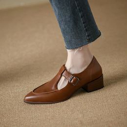 Dress Shoes Soft leather single shoes for women French style retro low heeled pointed thick heeled brown T-shaped buckle Mary Jane leather s 231110