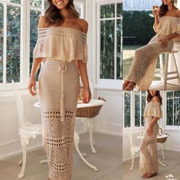 Casual Dresses Women's Summer Beach Style Long Dress Short Sleeve Off Shoulder Knit Pattern Hollow Tie Up Party For Vacation