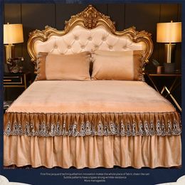 Bed Skirt 3 pieces of romantic crystal velvet bedding lace coral velvet bedding winter plus velvet milk flannel bedding 230410