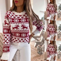 Christmas Moose Sweater Long Sleeve Knitted Crew Neck Pullover for Women