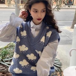 Women's Sweaters Harajuku Knitted Sleeveless Vest Women Vintage Rain Cloud Printed Jacquard Jumper Tank Top V-Neck Oversized Loose SweaterWo