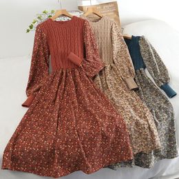 Casual Dresses Women's Knitted Dress Autumn and Winter Long Sleeve Corduroy Flower Dress Women's Elegant Sweater A-line Long Ribbon 230410