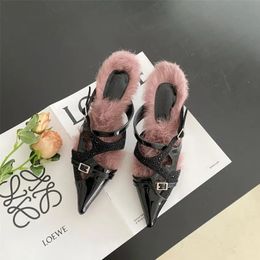 Slippers Heart Rabbit Hair Stitching Irregular Middle Heel Women's Shoes Rhinestone Hollow Pointed Muller Shoes Women's Slippers Fashion 231110