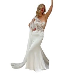 SoDigne One Shoulder Silk Satin Wedding Dress Vestido De Novia 3D Lace Illusion Mermaid Bridal Dress Boho Wedding Gowns